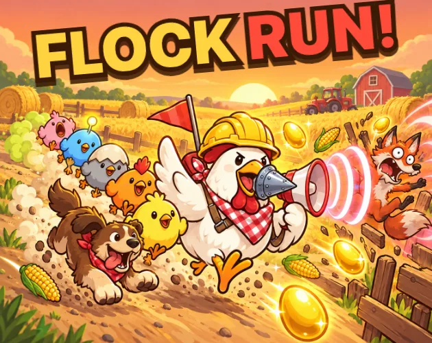 Flock Run cover: a mother hen leading a trail of chicks